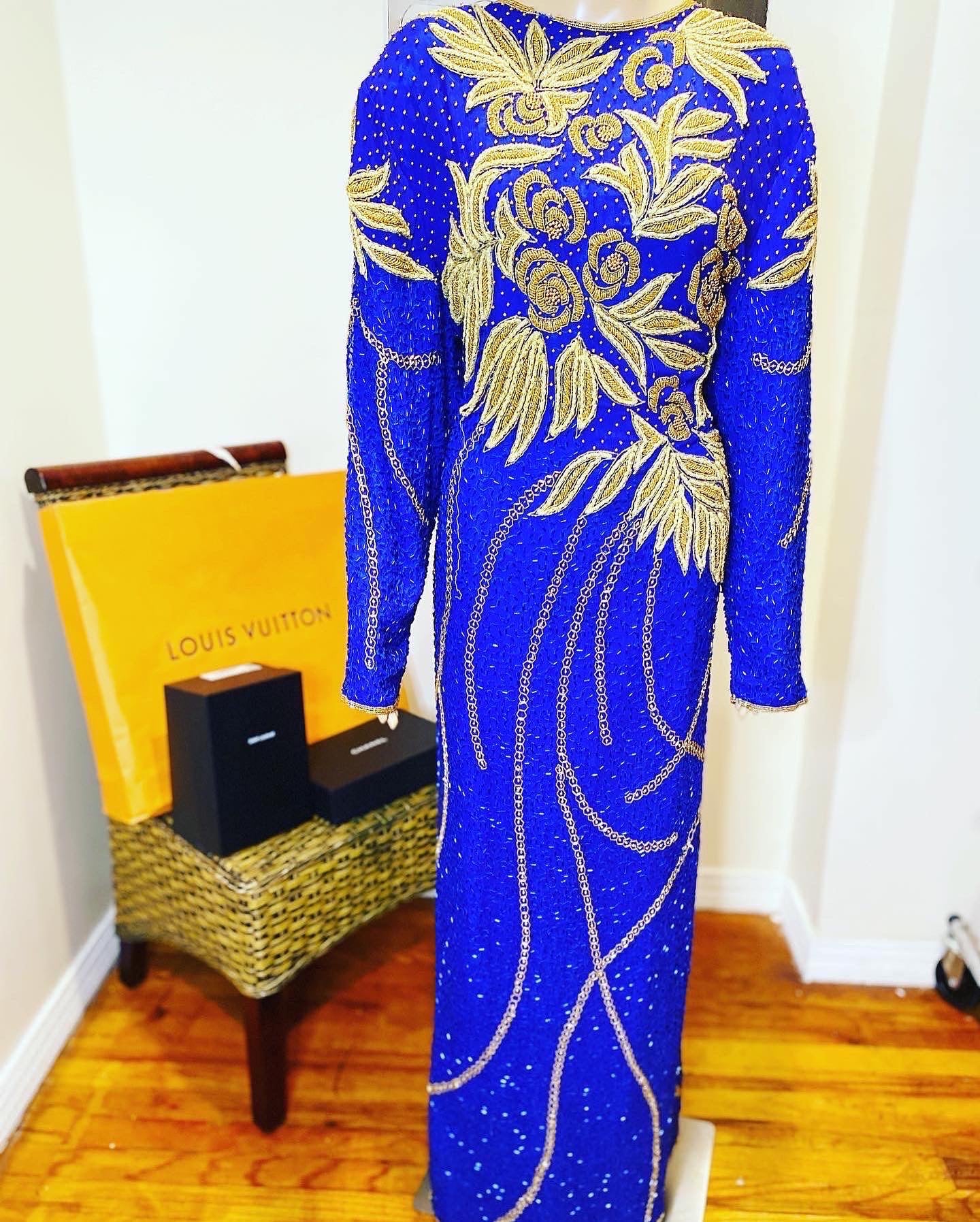 Vintage Sequin Gown with Gold Beading