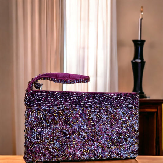 Plum Beaded Clutch.