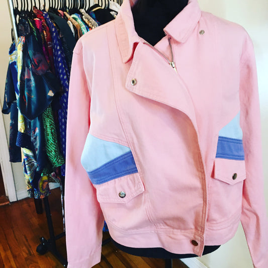 Pink Denim Moto Jacket, XL.